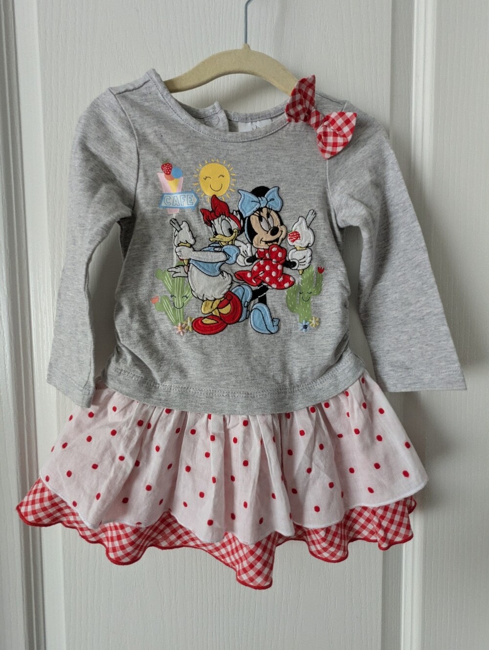 DISNEY Baby Girls Red White Gingham Minnie & Daisy Dress 12-18 MO